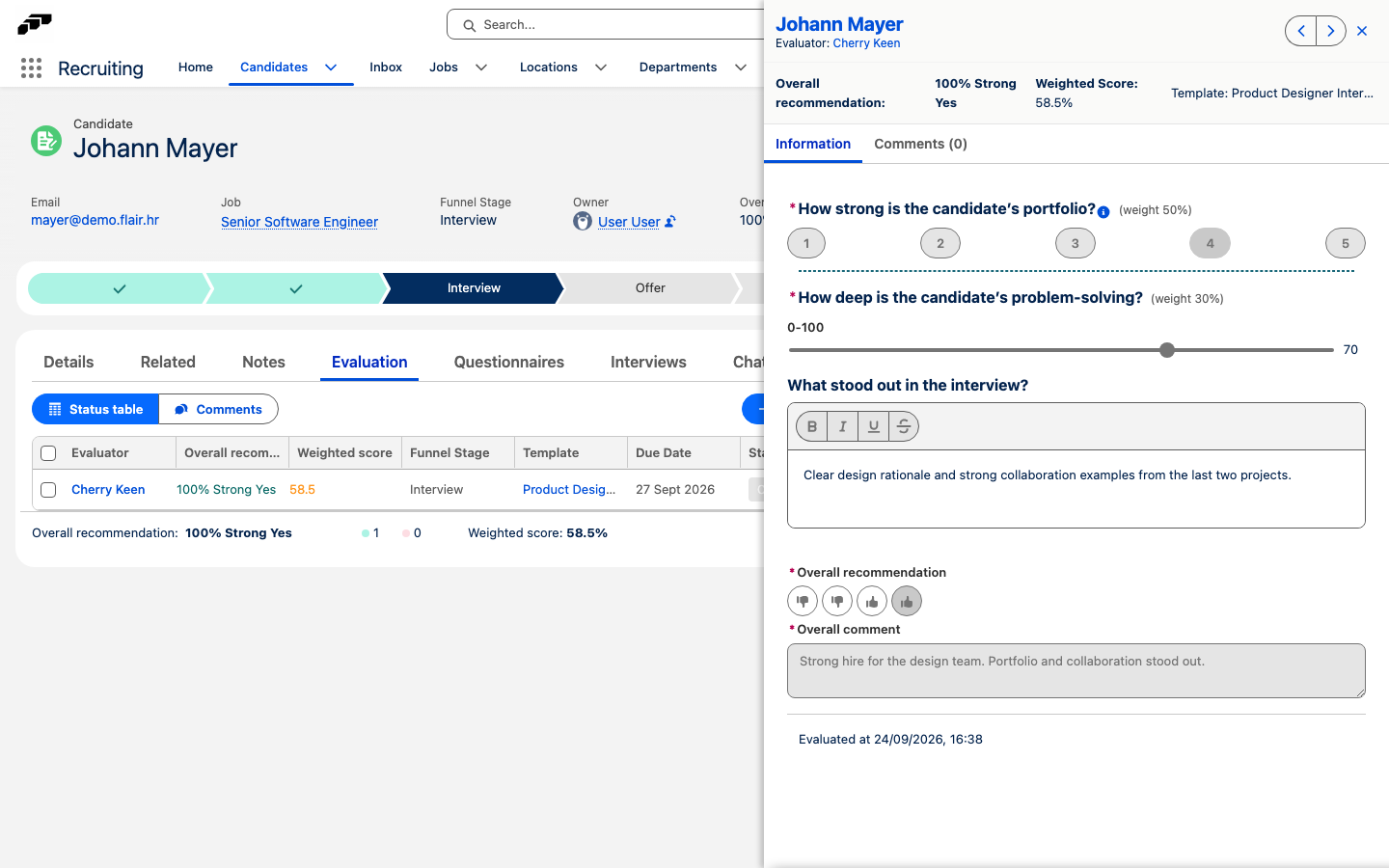 A candidate's Evaluation tab with a completed evaluation's Weighted score, and the evaluation details panel showing weighted answers, the overall recommendation, and the overall comment