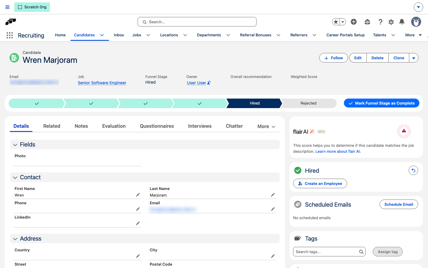 The Hired card on a candidate record with the Create an Employee button and the Undo icon