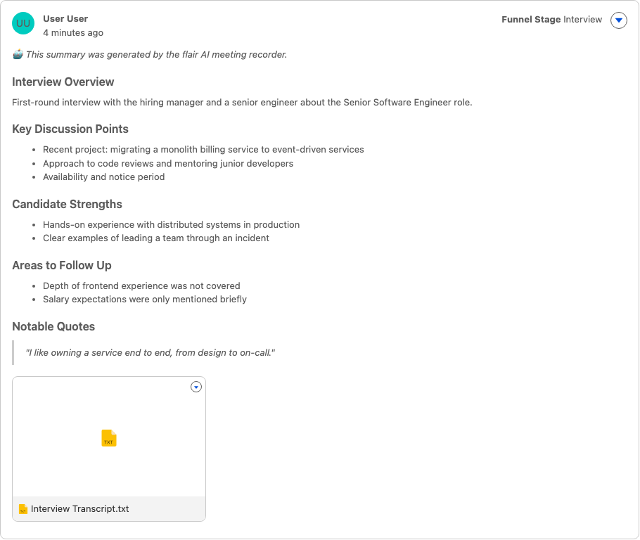 A Candidate Note from the flair AI meeting recorder with the Interview Overview, Key Discussion Points, Candidate Strengths, Areas to Follow Up, and Notable Quotes sections and the Interview Transcript file