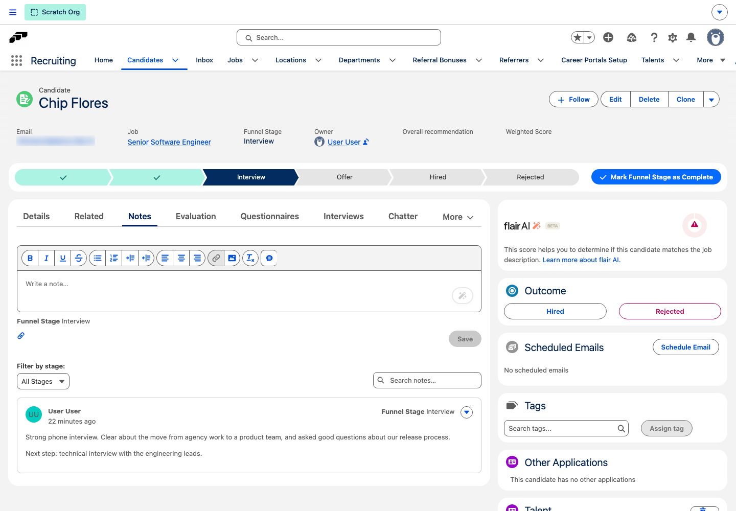 The Notes tab of a candidate record with the Write a note editor, Filter by stage, Search notes, and a saved note