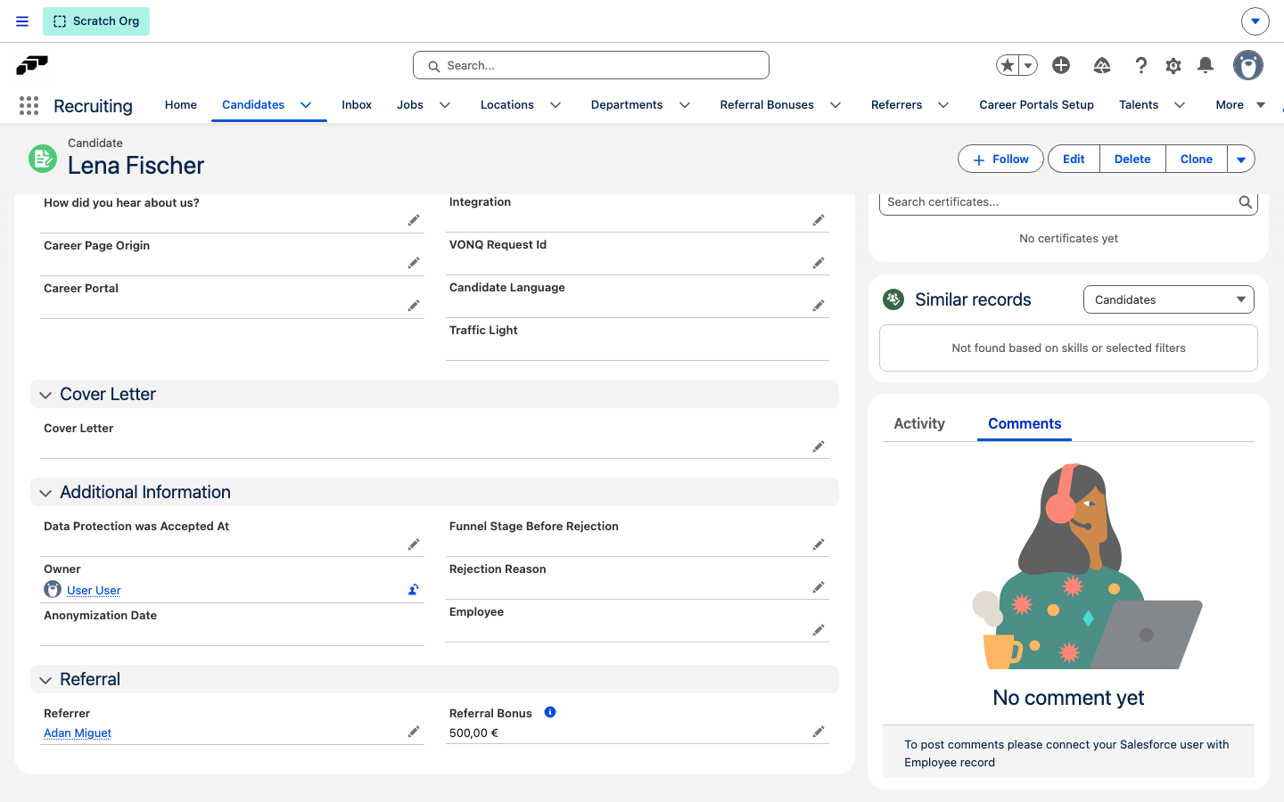 The Referral section on a candidate's Details tab with the Referrer and a Referral Bonus of 500.00