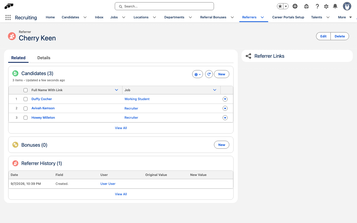 A referrer record in Salesforce named after the referring employee, with the candidates who applied through their link