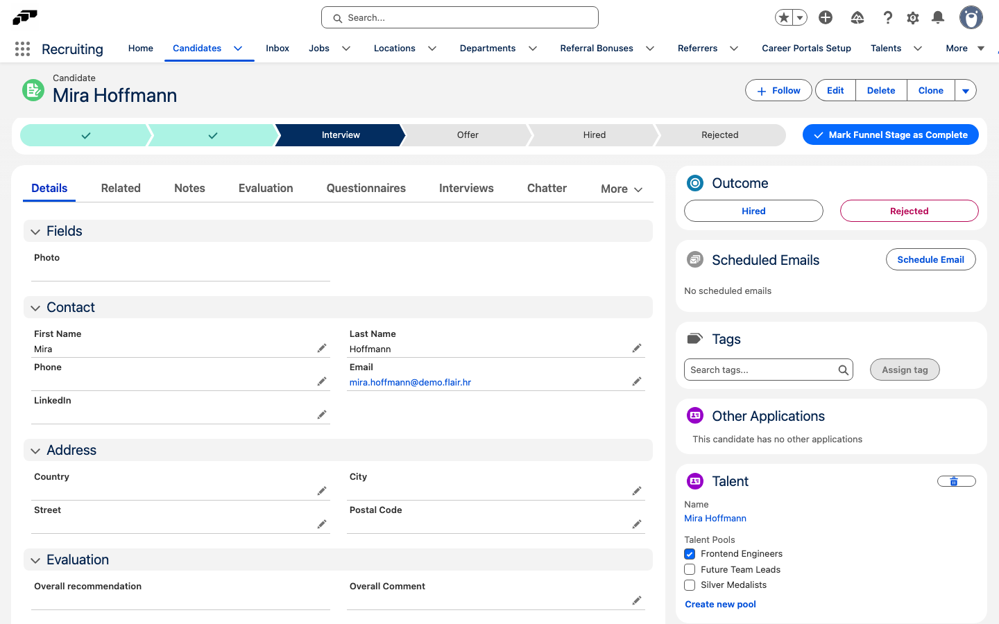 The Talent card after Add to Talent Pool, with the Talent Pools checklist, one pool selected, and the Create new pool link