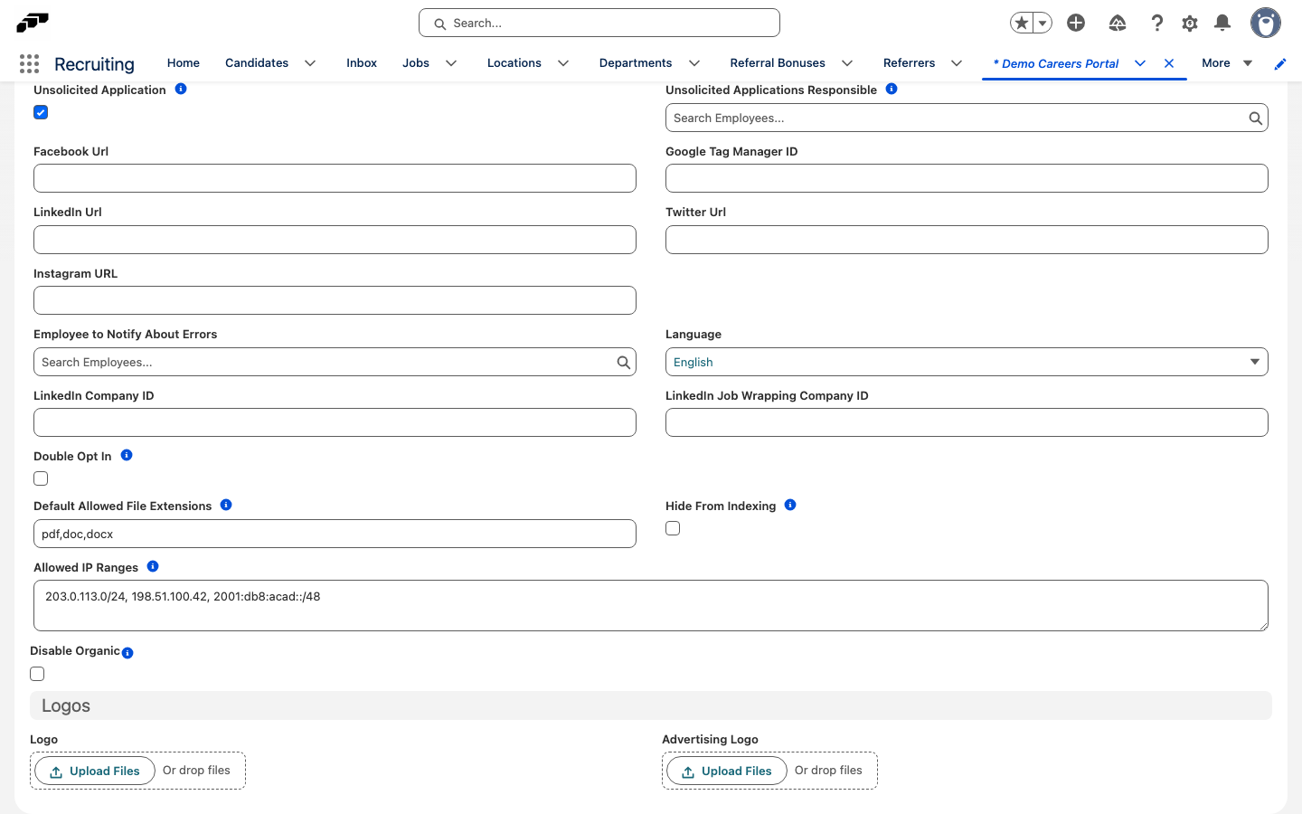 The Allowed IP Ranges field on a career portal in Salesforce, filled with example IPv4 and IPv6 ranges