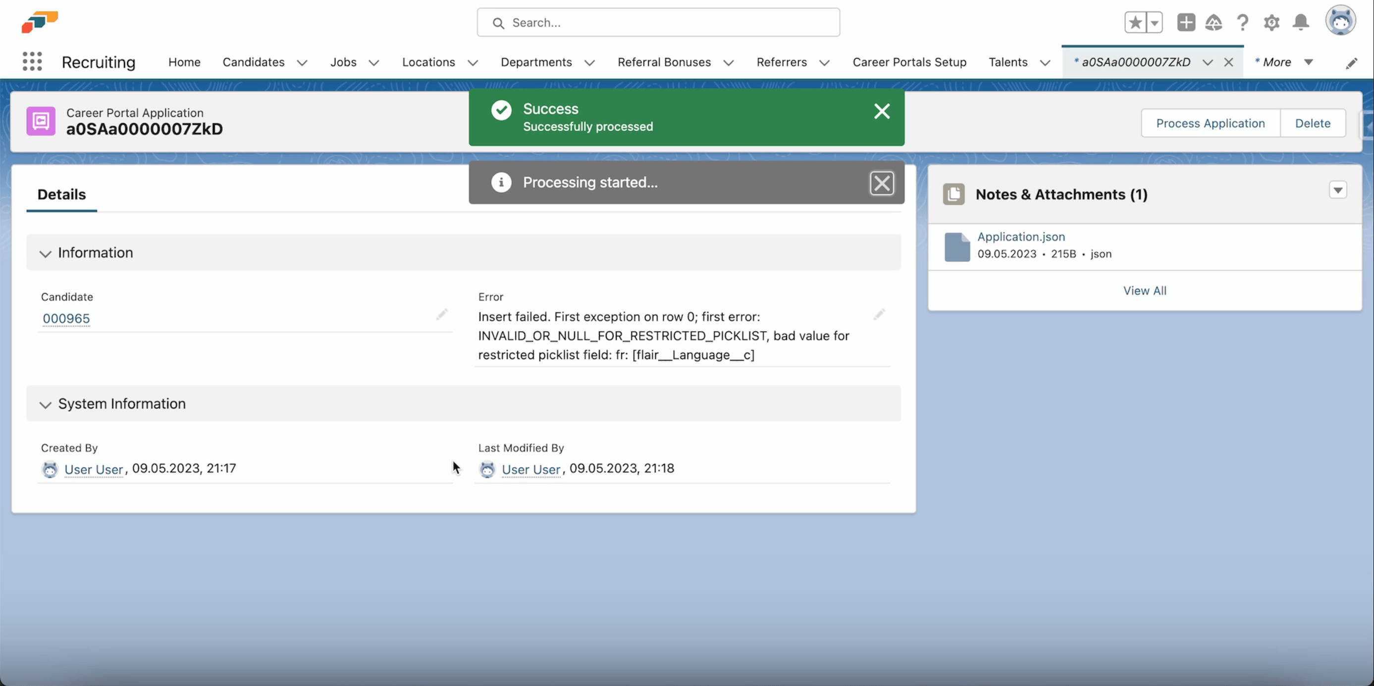 Career portal application error, step 7 in Handle Application Errors