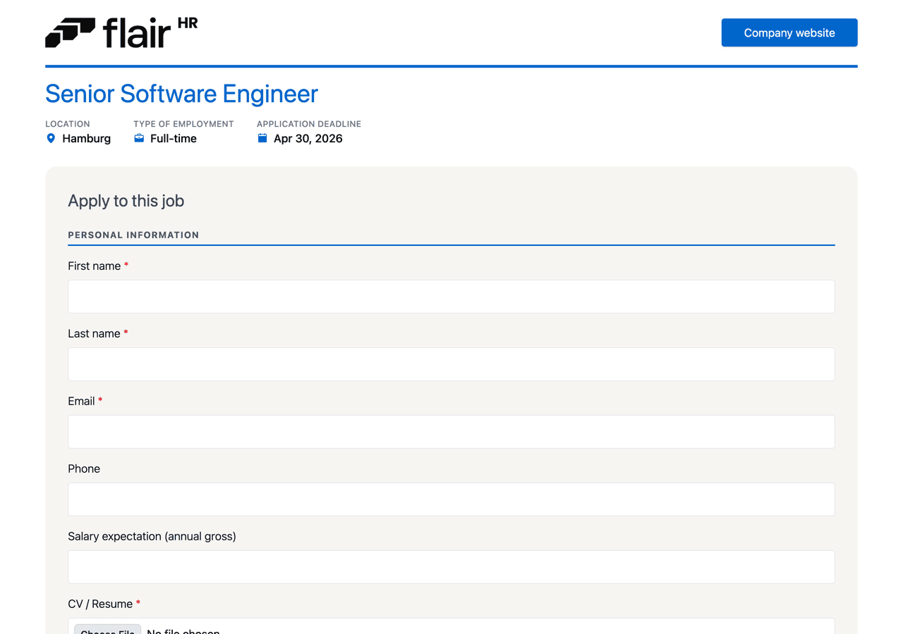 The application form with a primary-colored line under the header, a primary-colored job title, and uppercase underlined section headings
