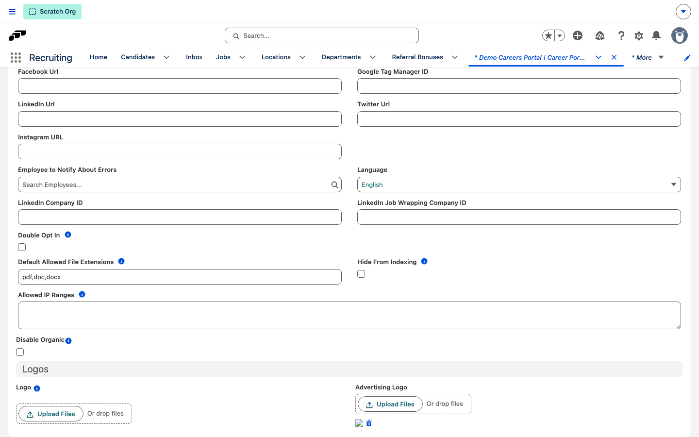 Details tab of a Career Portal record with the Disable Organic checkbox
