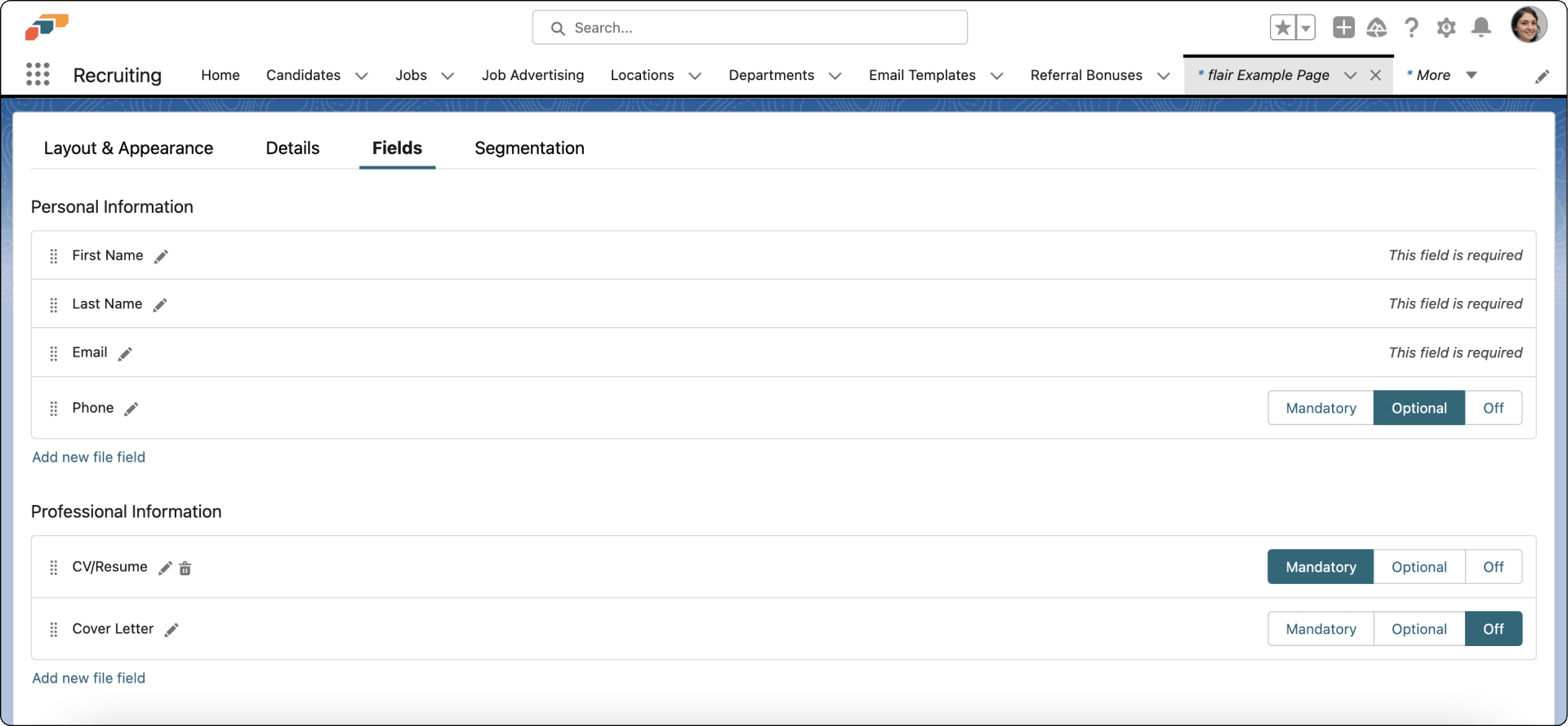 Application fields and required settings in Career Portals