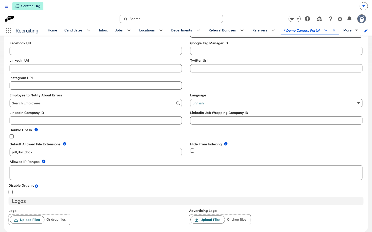 The Hide From Indexing checkbox in the Settings section of a Career Portal record