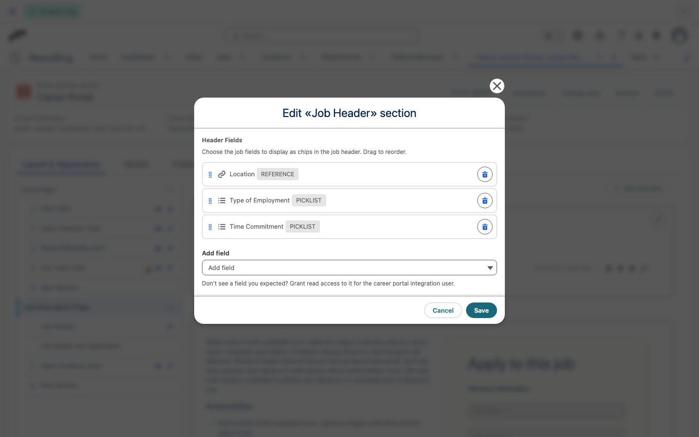 The Header Fields editor of the Job Header card with the chosen job fields and the Add field dropdown