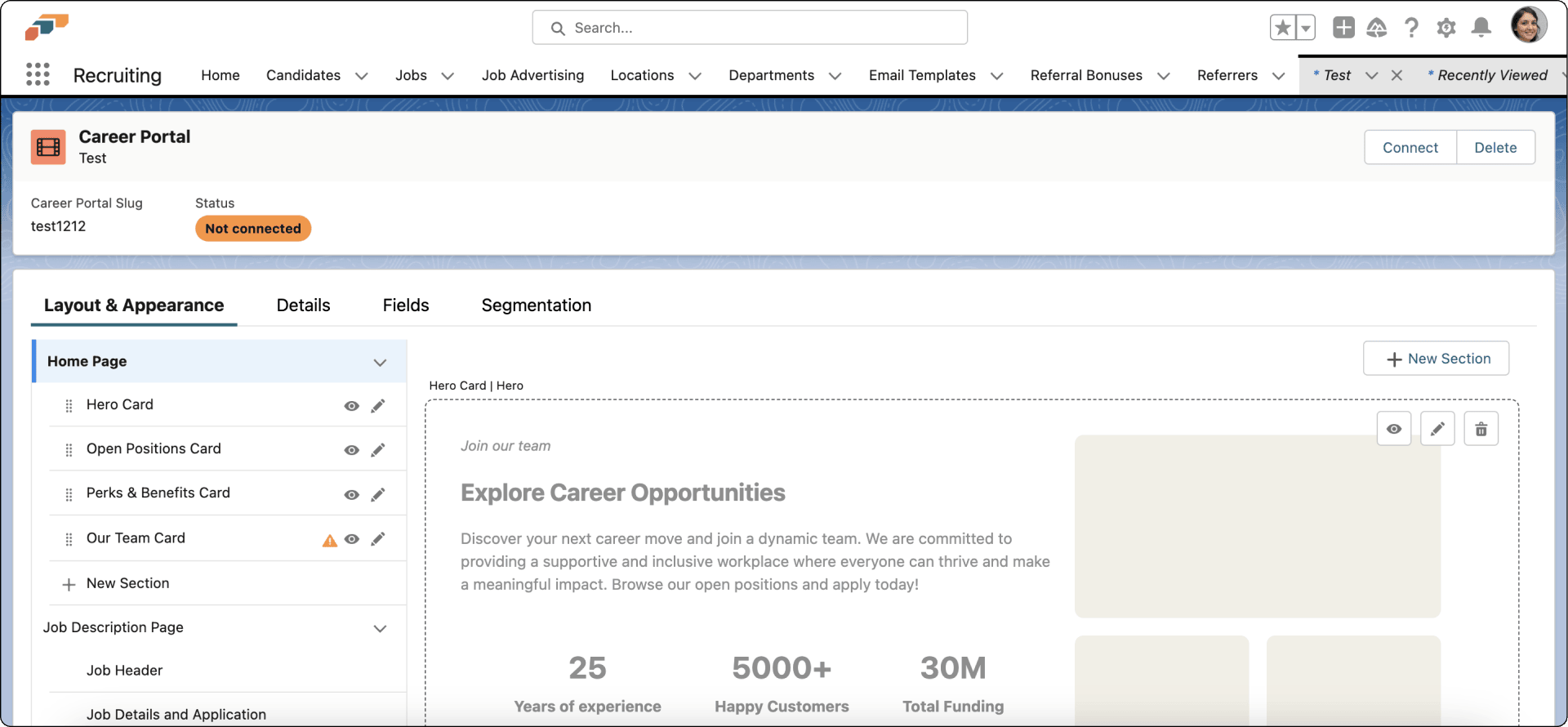 Layout and Appearance editor with the Career Portal preview