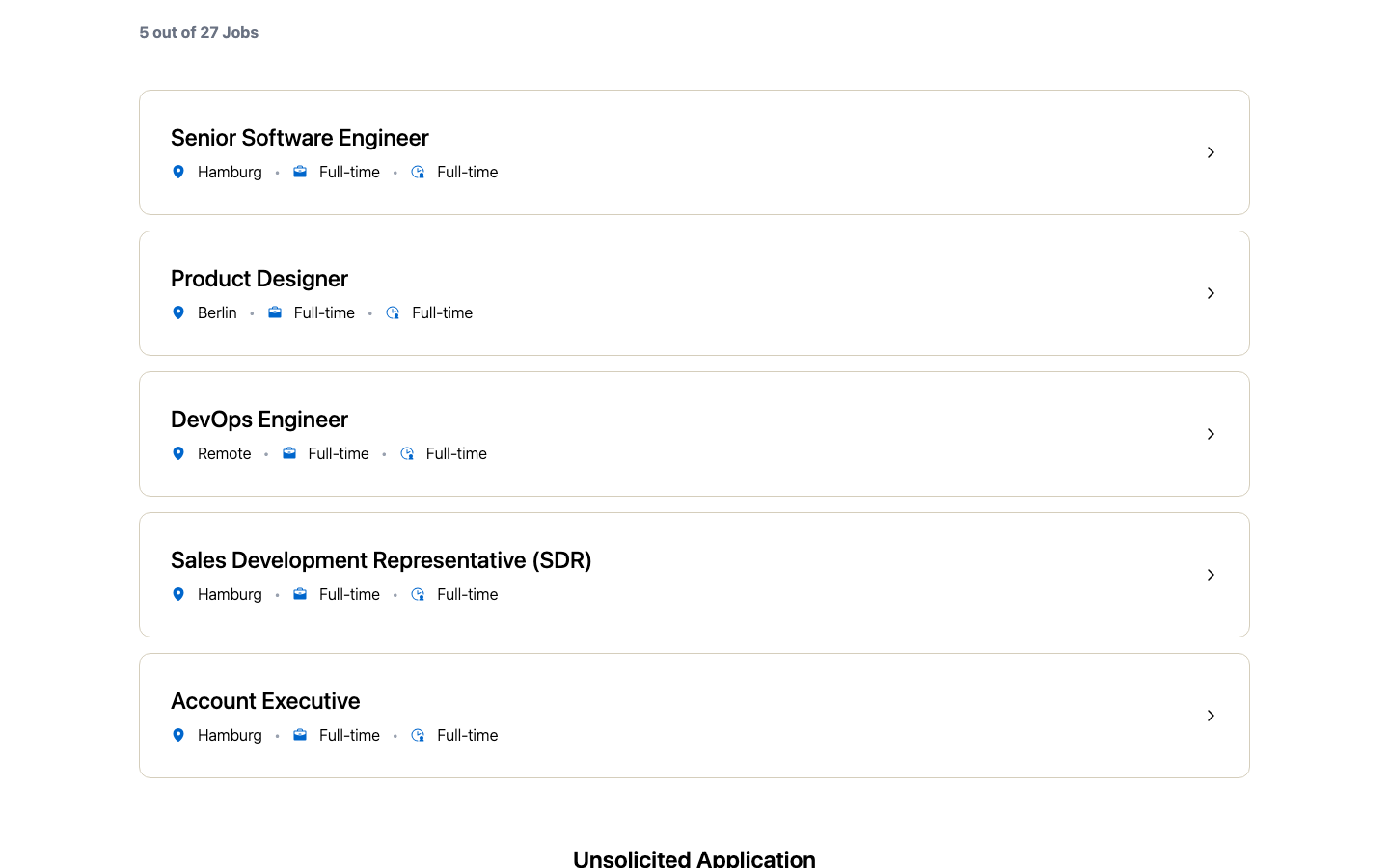 Open Positions Card on a Career Portal showing job listing cards with location and employment type chips beneath each job title