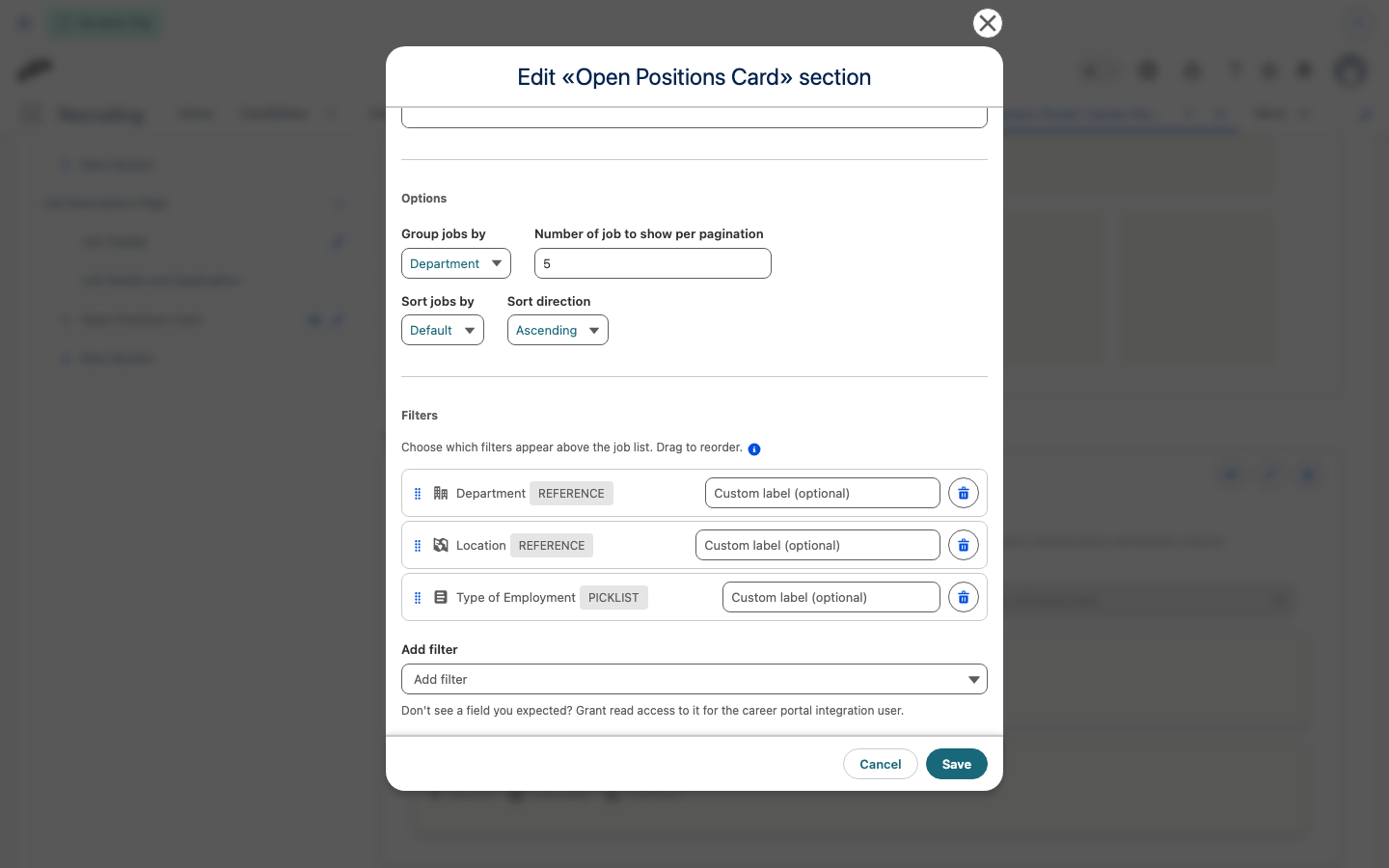 Filters section of the Open Positions card editor, showing configured filter fields with reorder handles, custom labels, and the Add filter dropdown