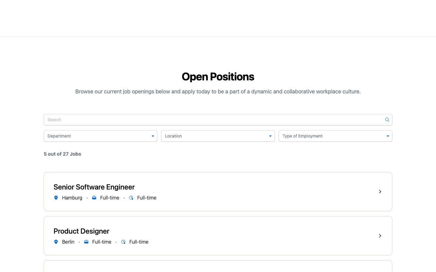 Search box and filter dropdowns for Department, Location, and Type of Employment above the job listing on a published Career Portal