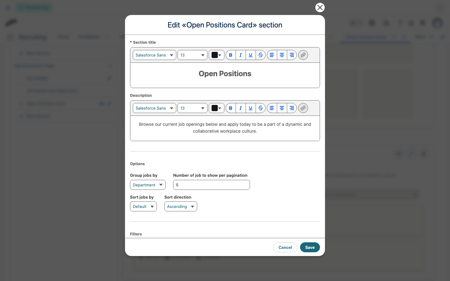 The Open Positions Card editor showing the Sort jobs by and Sort direction options
