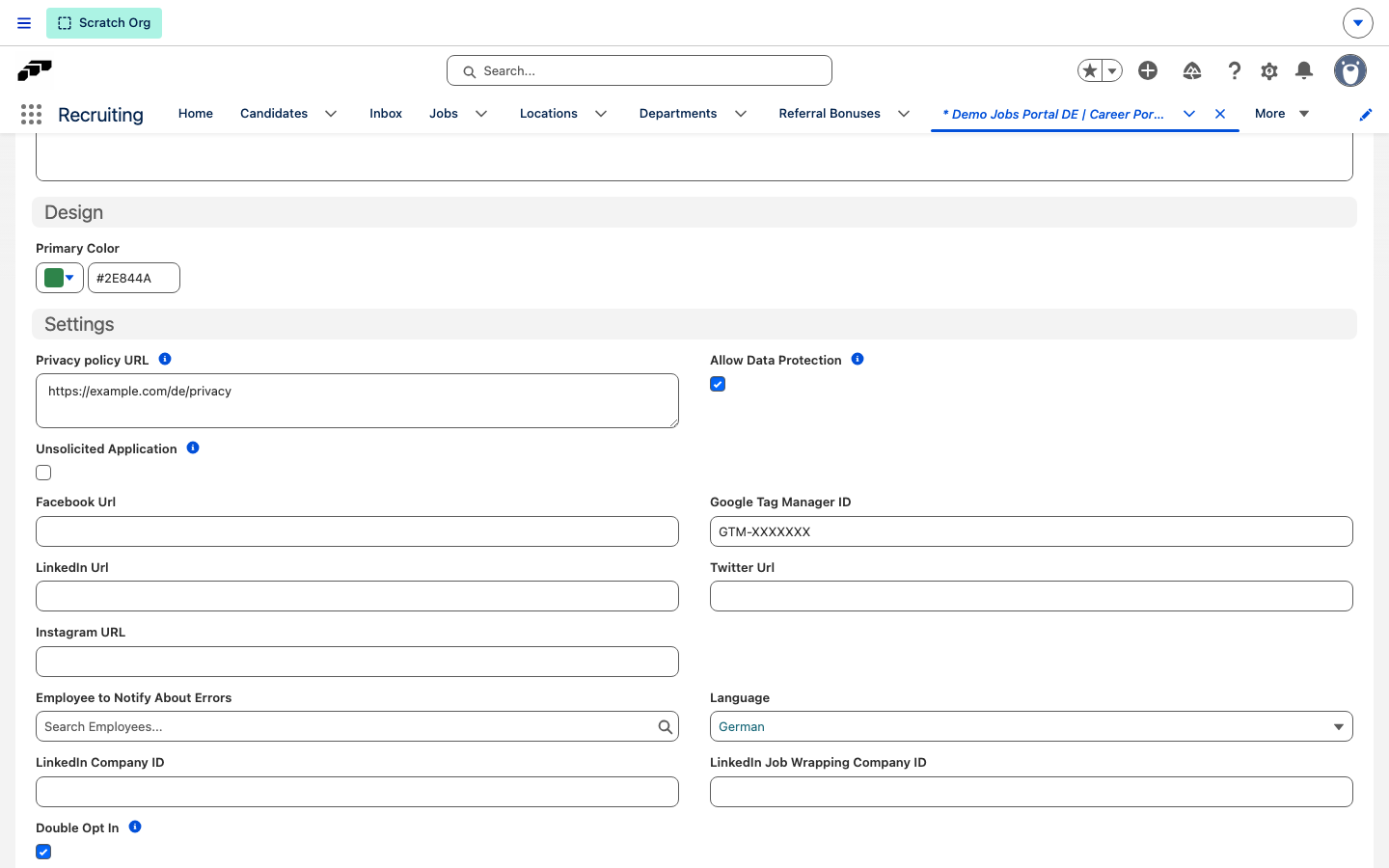 The Settings section on a career portal's Details tab with Allow Data Protection and a Google Tag Manager ID