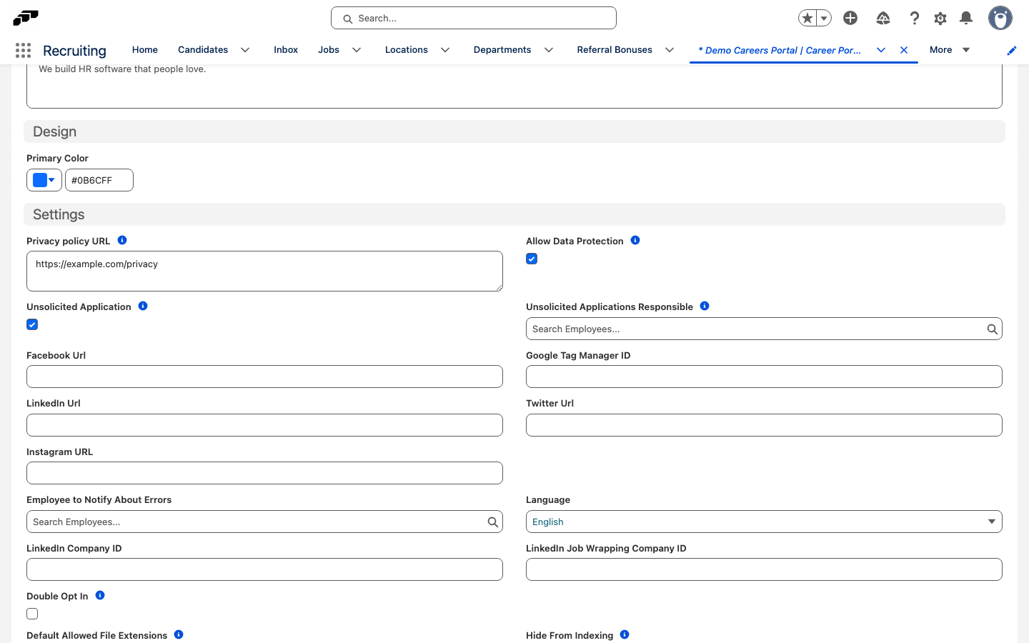 The Settings section on a Career Portal's Details tab with Unsolicited Application selected and the Unsolicited Applications Responsible employee lookup