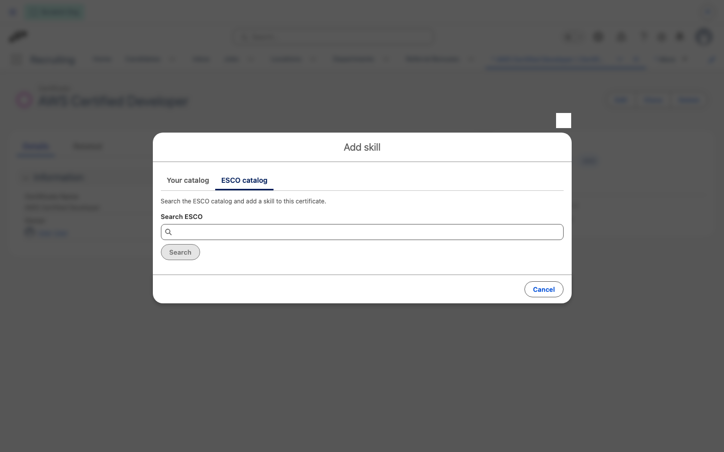 Add skill dialog on a certificate, open on the ESCO catalog tab with a search field and the Add and Link actions on the results