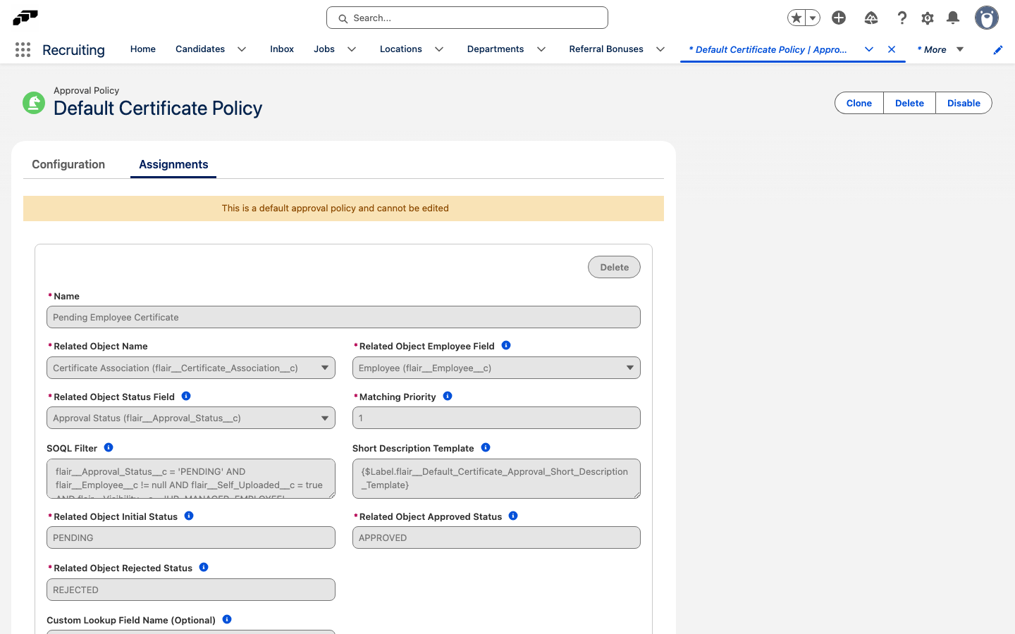 Default Certificate Policy Assignments tab showing the Certificate Association target object and Manager-based routing