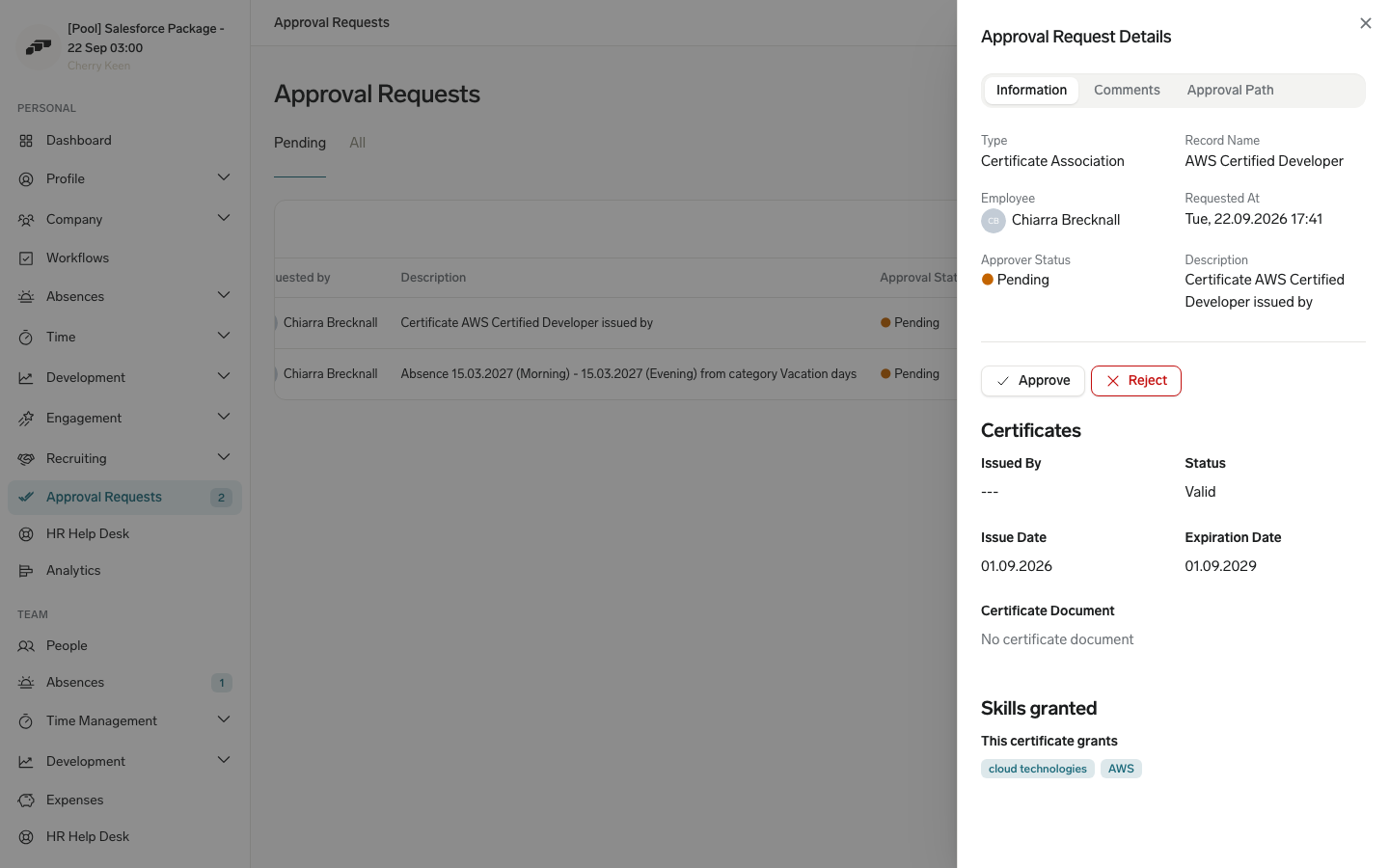Certificate approval sidebar in the Employee Hub listing the skills the certificate grants, above the Approve and Reject buttons