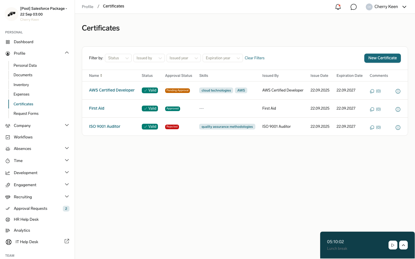 Certificates table with Approved, Pending Approval, and Rejected status badges