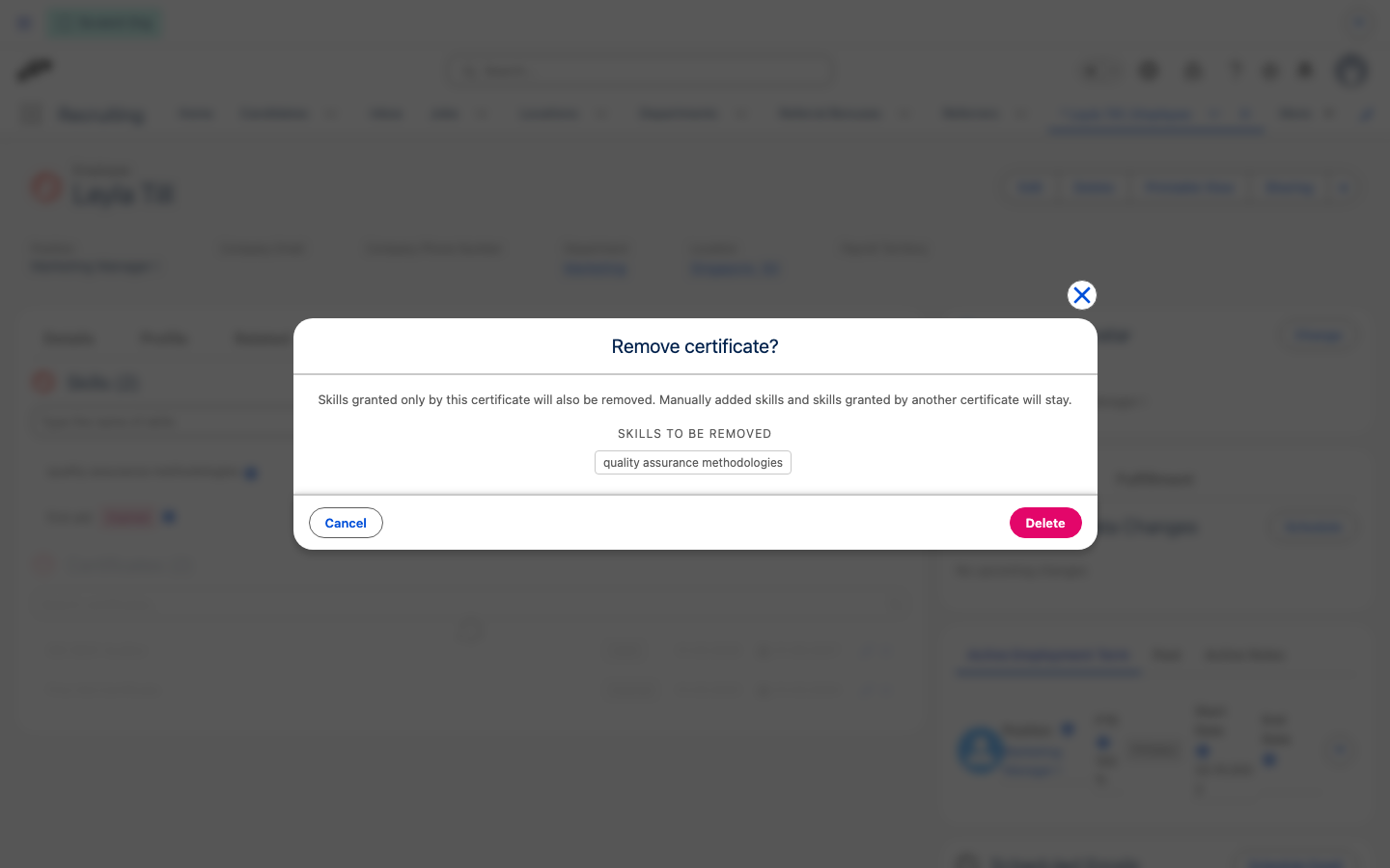 Delete confirmation for a certificate in Salesforce, listing the granted skills that will be removed along with it