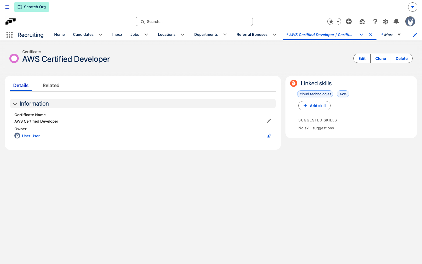 Linked skills card on a certificate record, showing the skills linked to it and the Add skill button