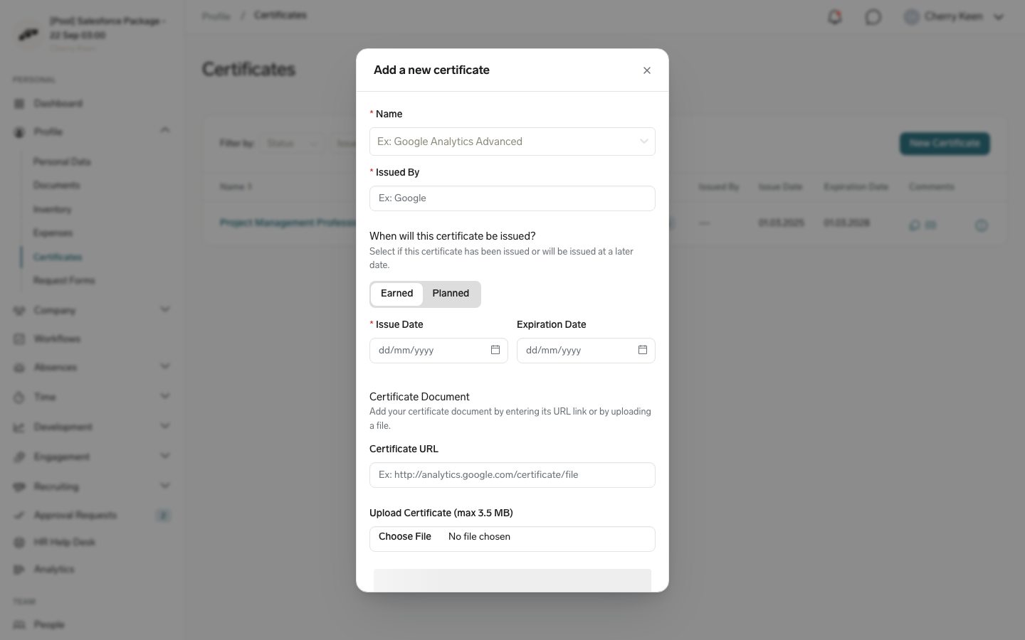 New certificate form in the Employee Hub with the Earned and Planned control, a date status line, and the Send for approval button