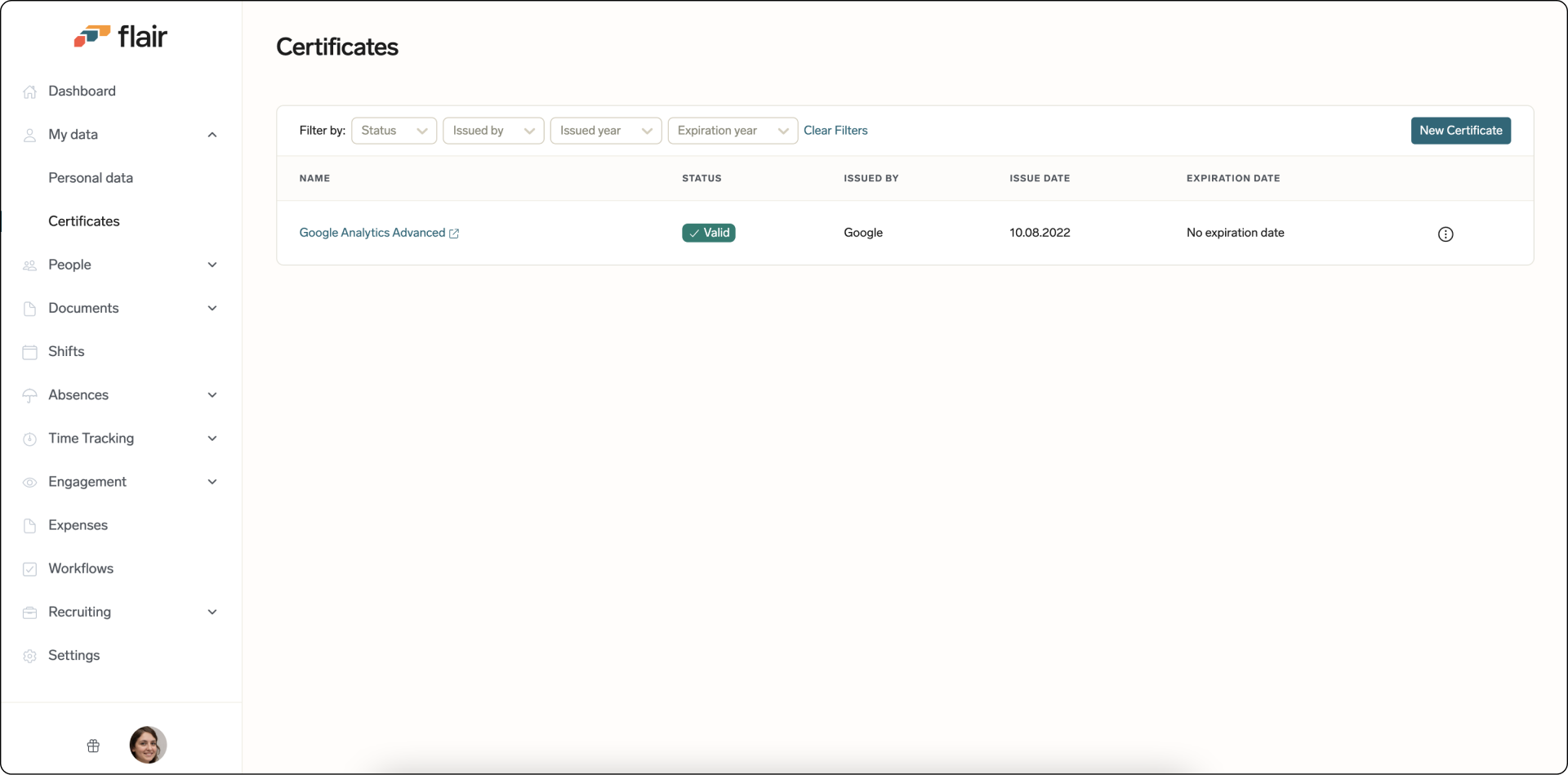 Certificate saved in Employee Hub