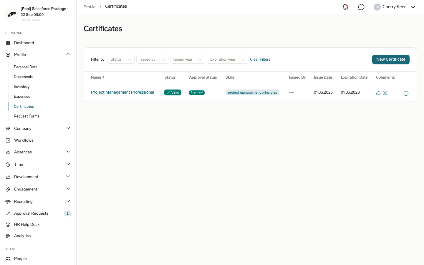 Certificates list in the Employee Hub with a Skills column showing a chip for each skill a certificate grants