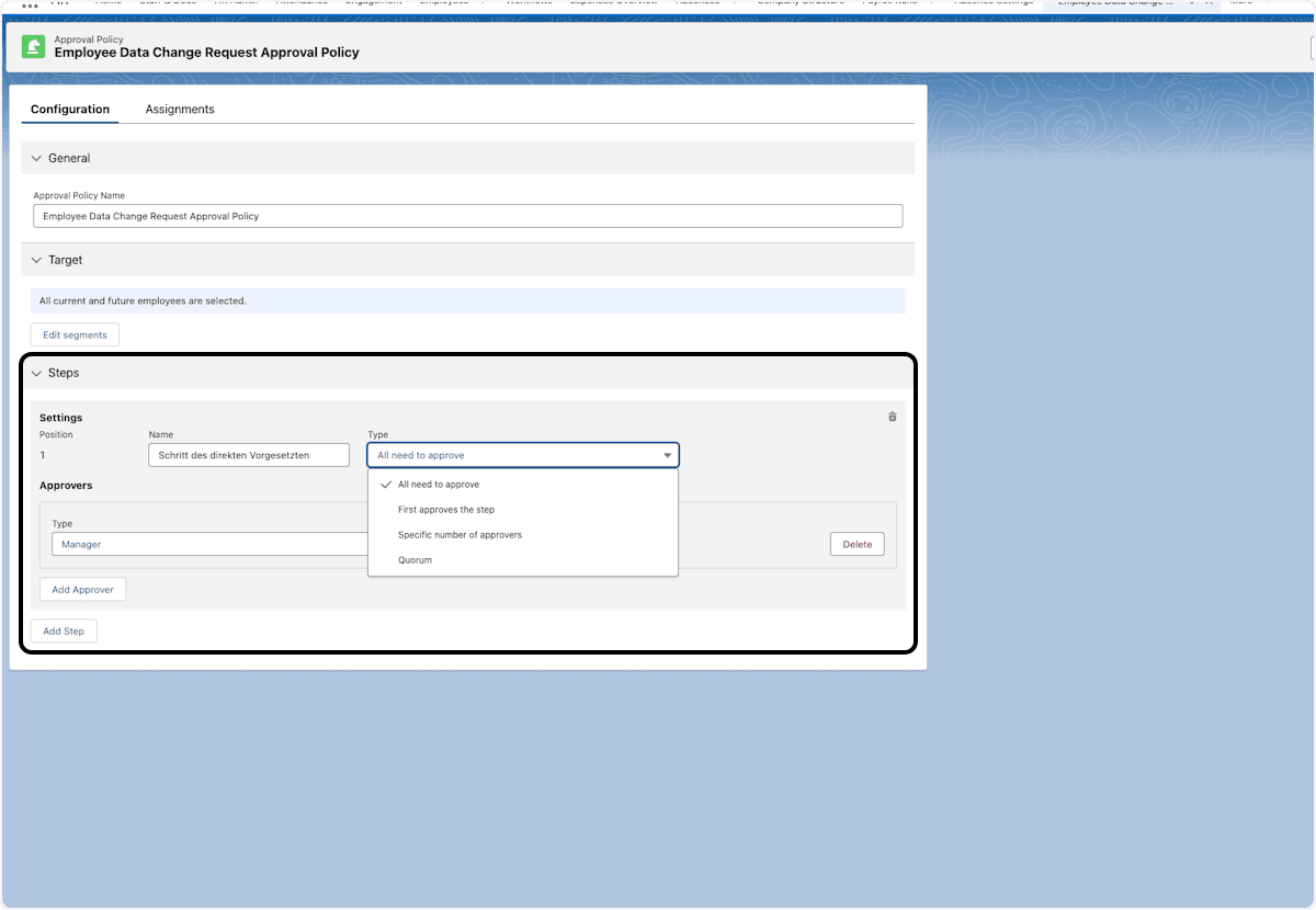 Name and Type fields on an approval step