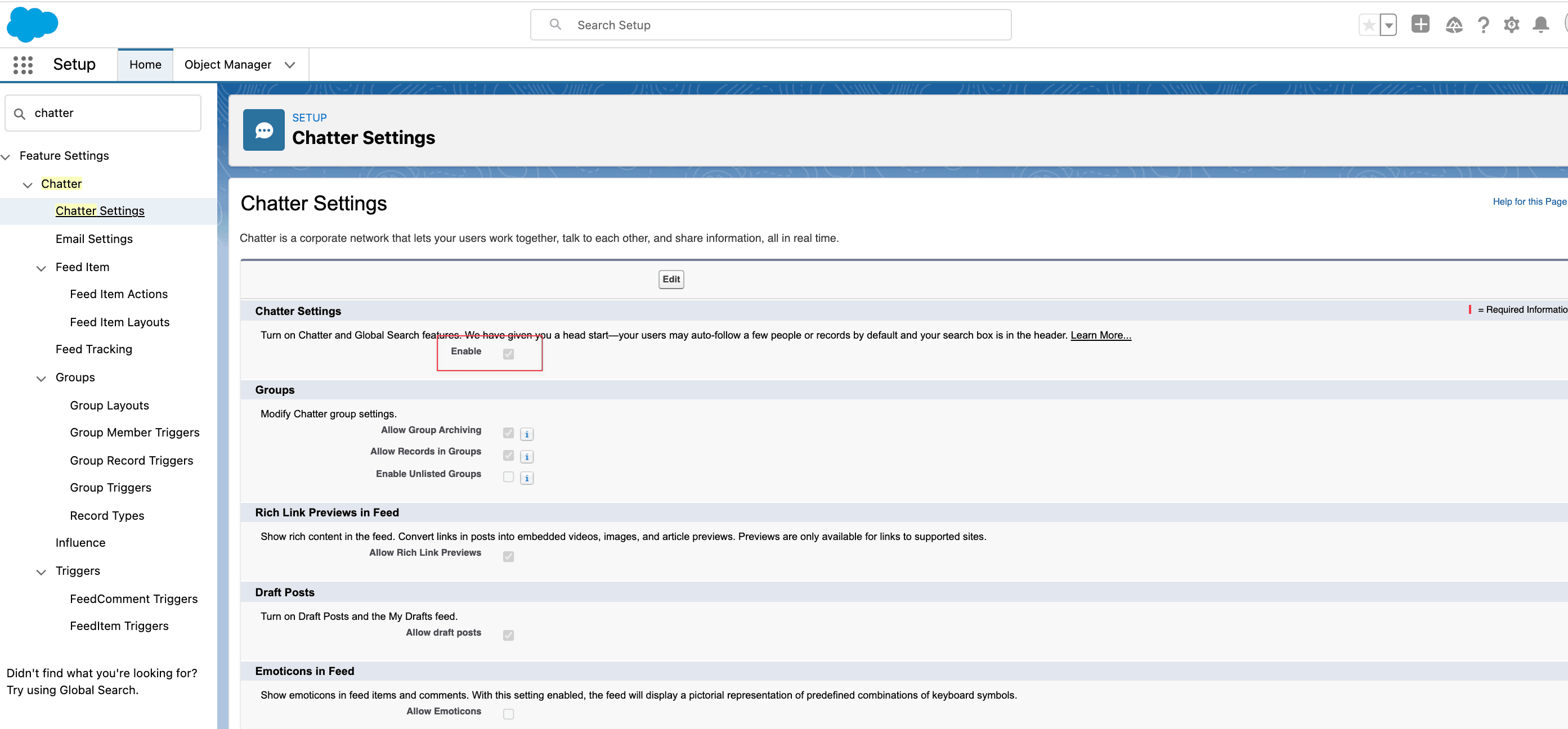 Enable setting in Salesforce Chatter Settings
