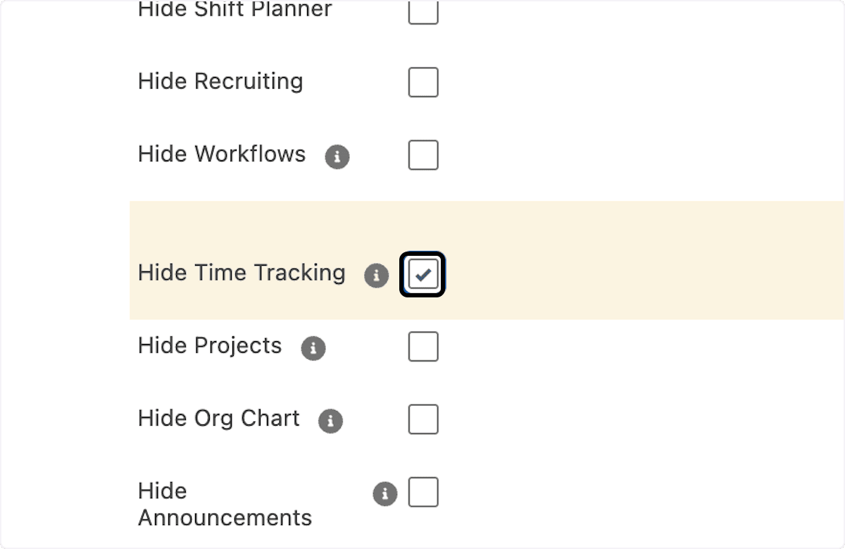 Feature options selected for an Employee Hub menu