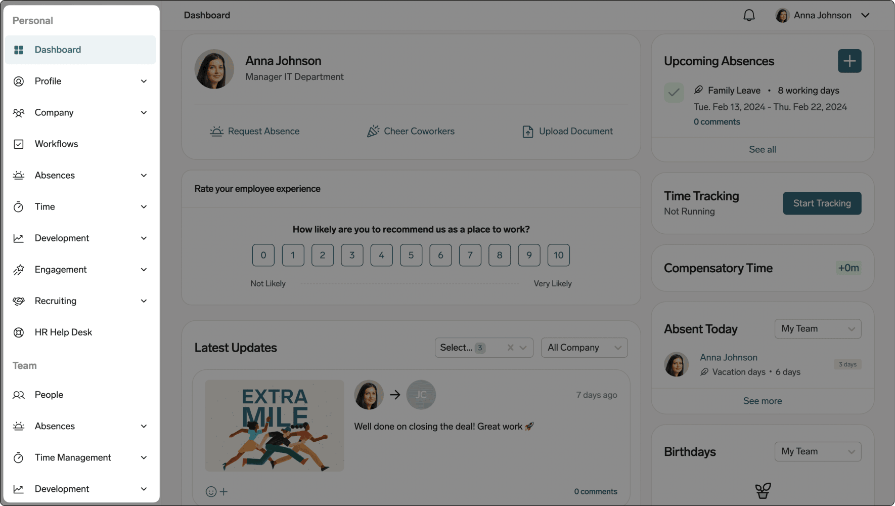 Employee Hub menu with a customized set of features