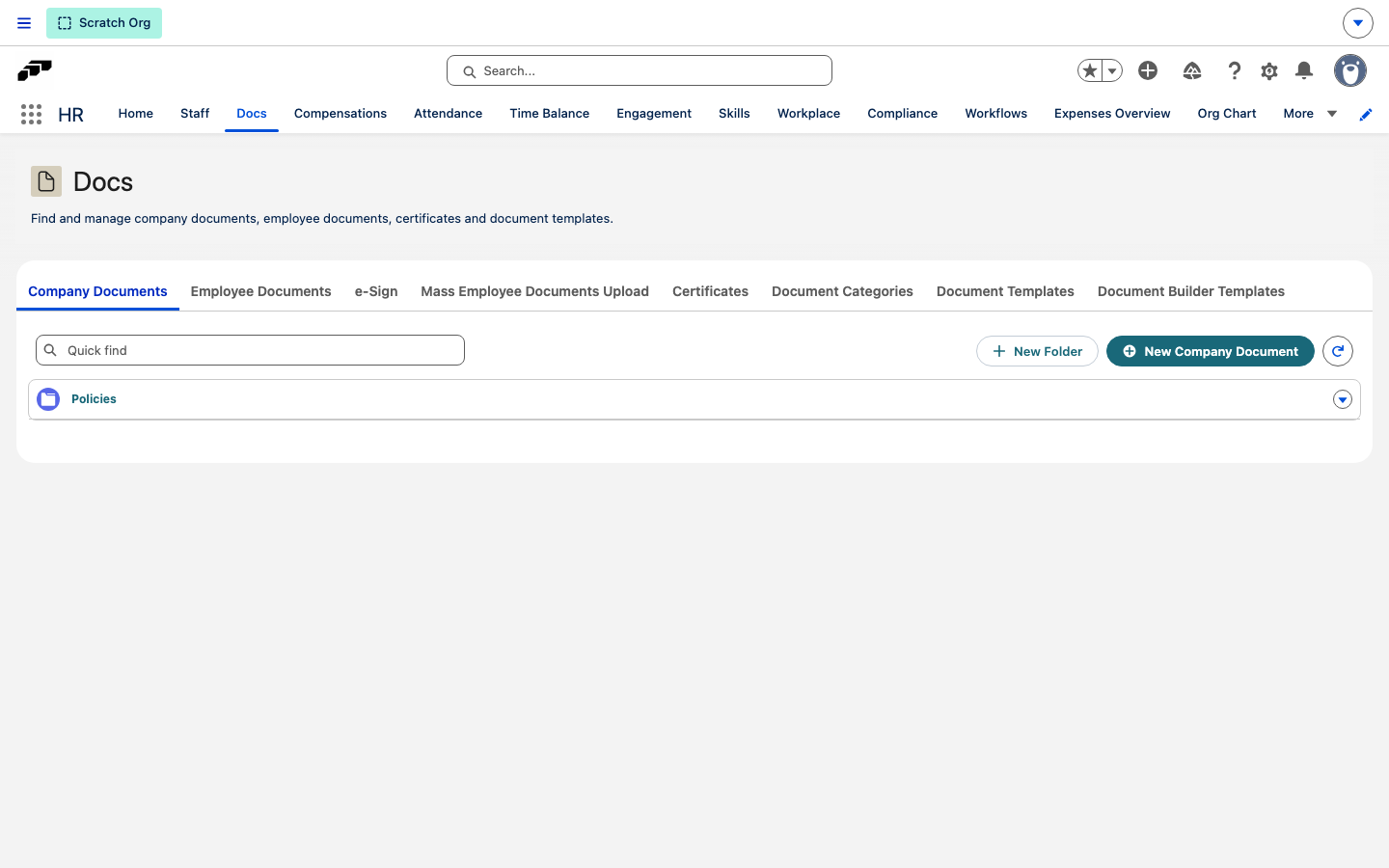 Company Documents tab on the Docs tab with New Folder and New Company Document buttons above the folder list