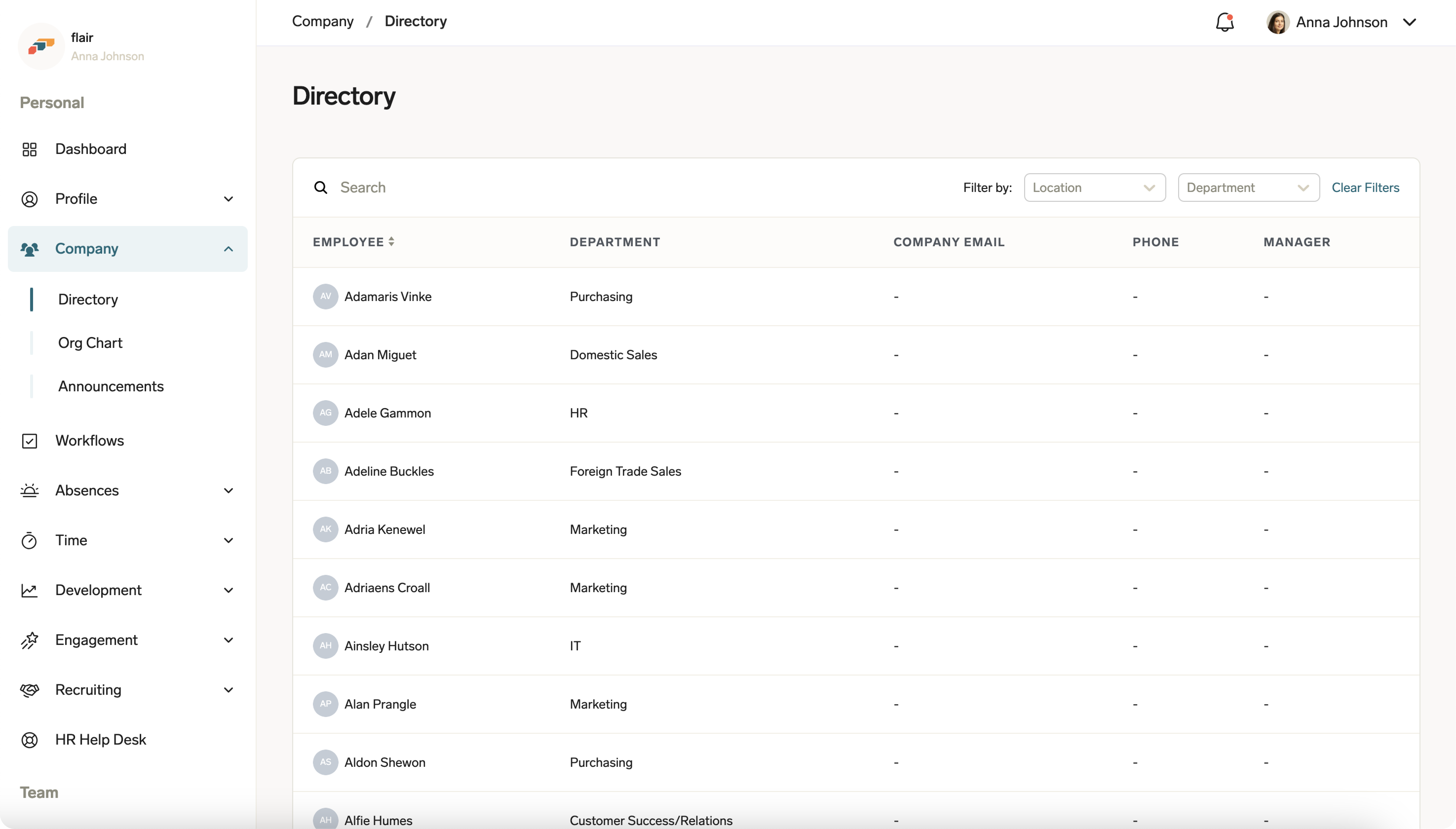 Company Directory in the flair Employee Hub
