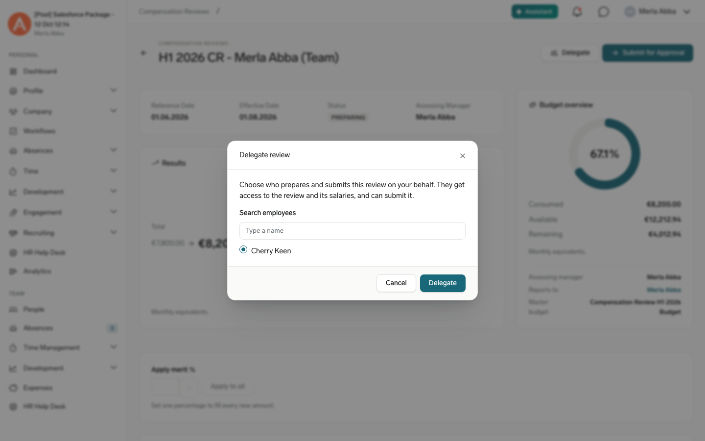 The Delegate review dialog in the Employee Hub with an employee search and a selected colleague
