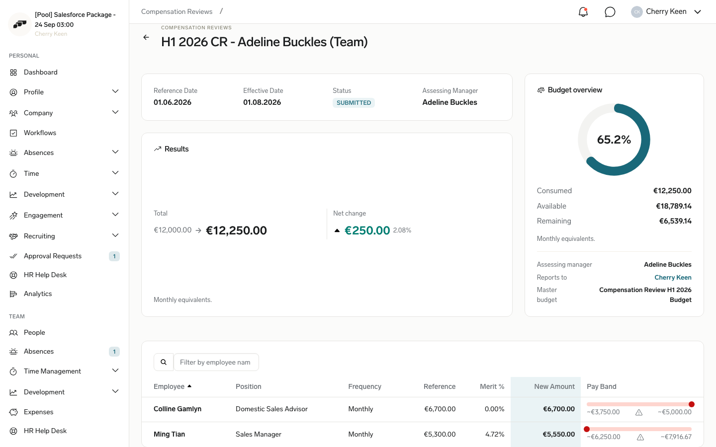 A Compensation Review in the Employee Hub with merit percentages, new amounts, and a pay-band indicator per employee