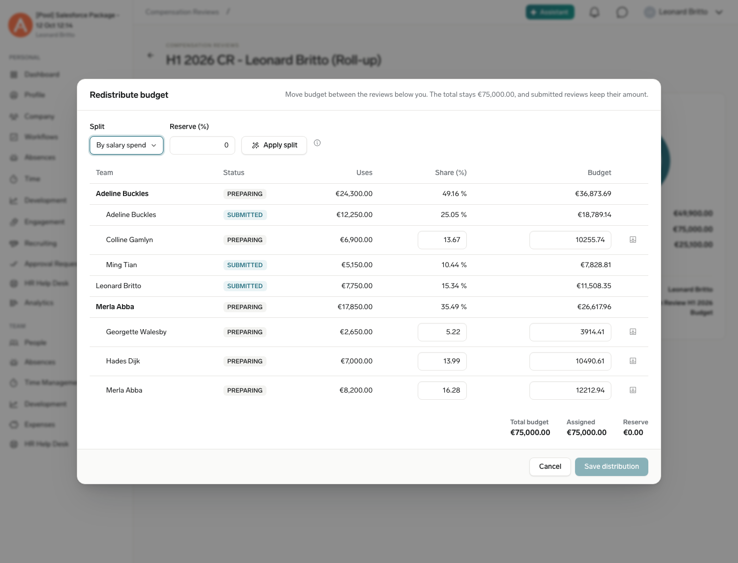 The Redistribute budget dialog in the Employee Hub with team budgets, shares, and the split and reserve controls