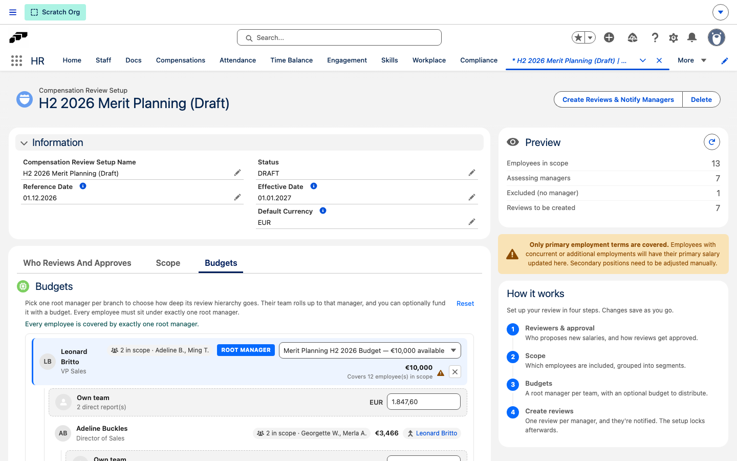 The Budgets subtab showing a manager tree with root manager toggles and a budget split across teams