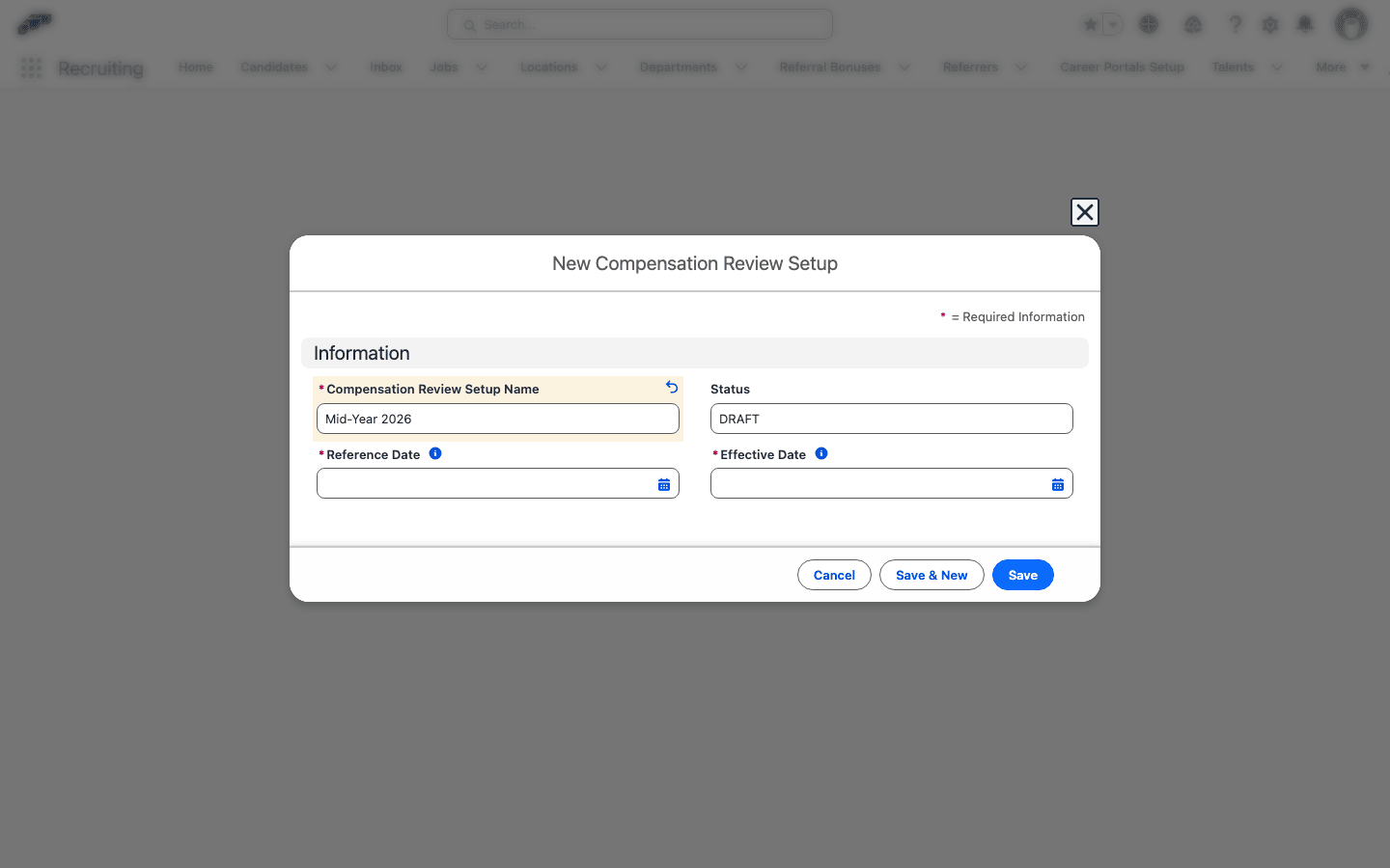 New Compensation Review Setup form in Salesforce