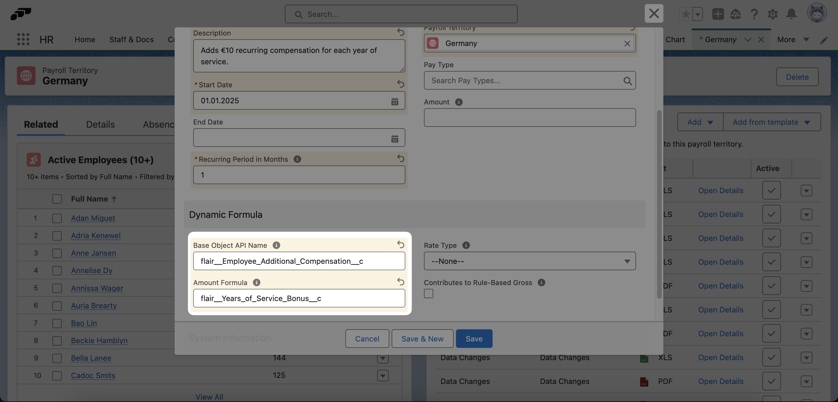 Enter the Base Object API Name and Amount Formula into your compensation rule to apply your newly created formula
