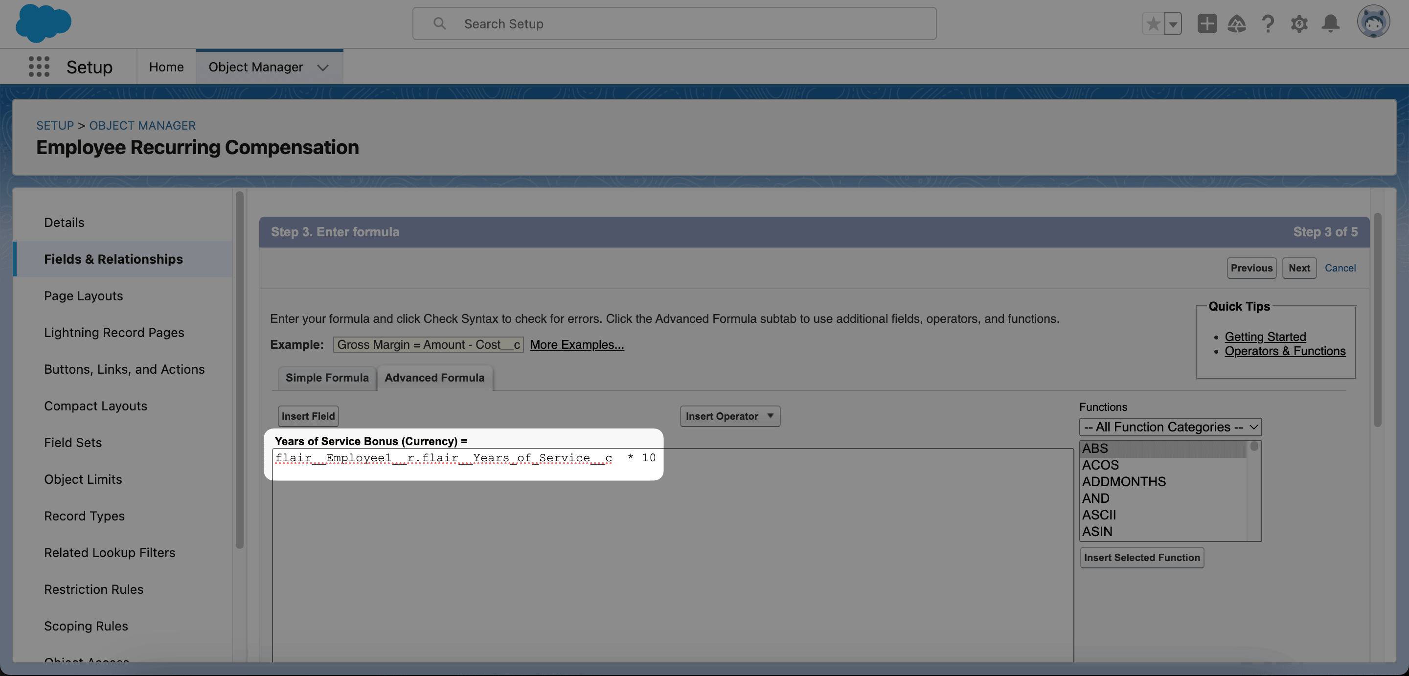 Formula editor for a years-of-service compensation field
