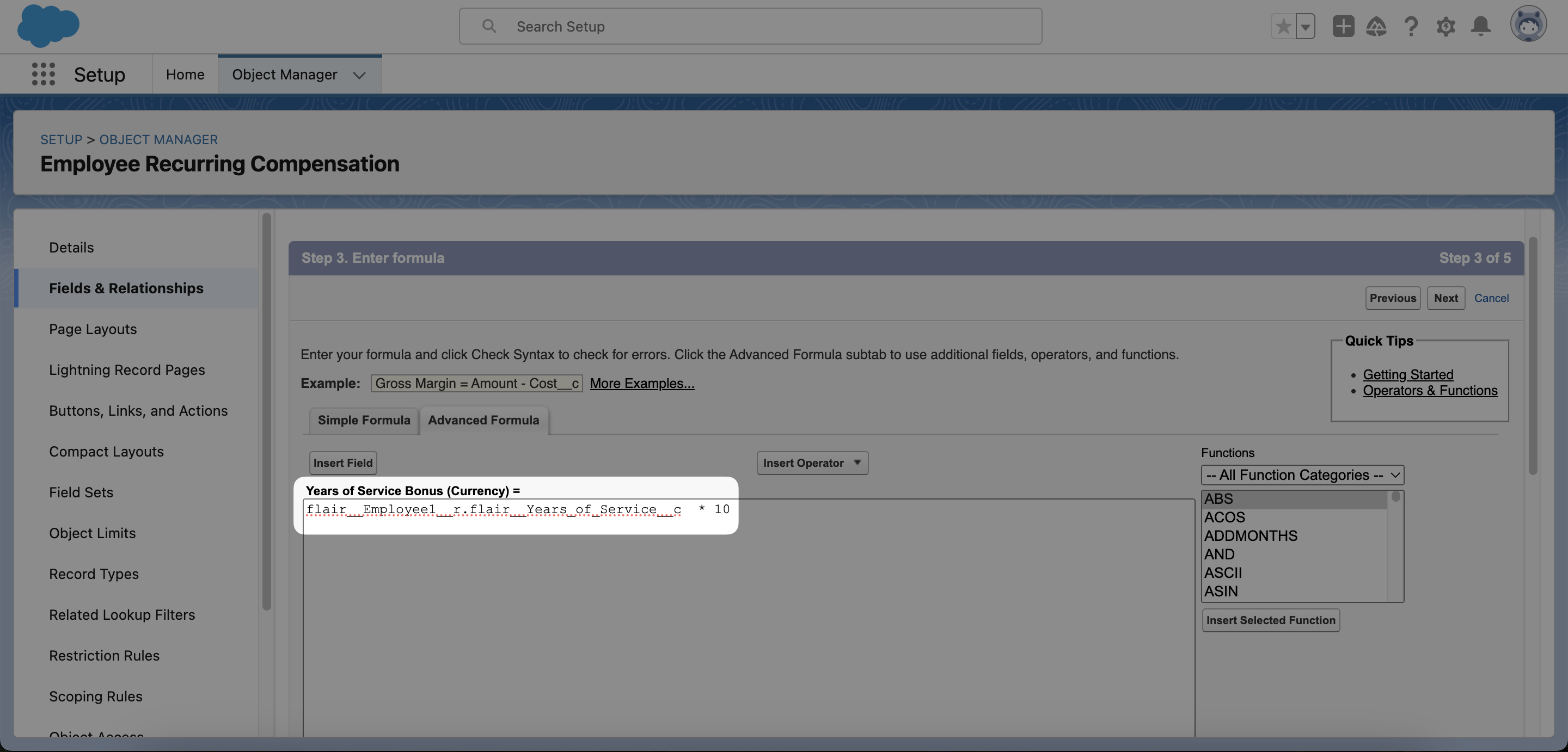 Enter your formula using fields and operators.