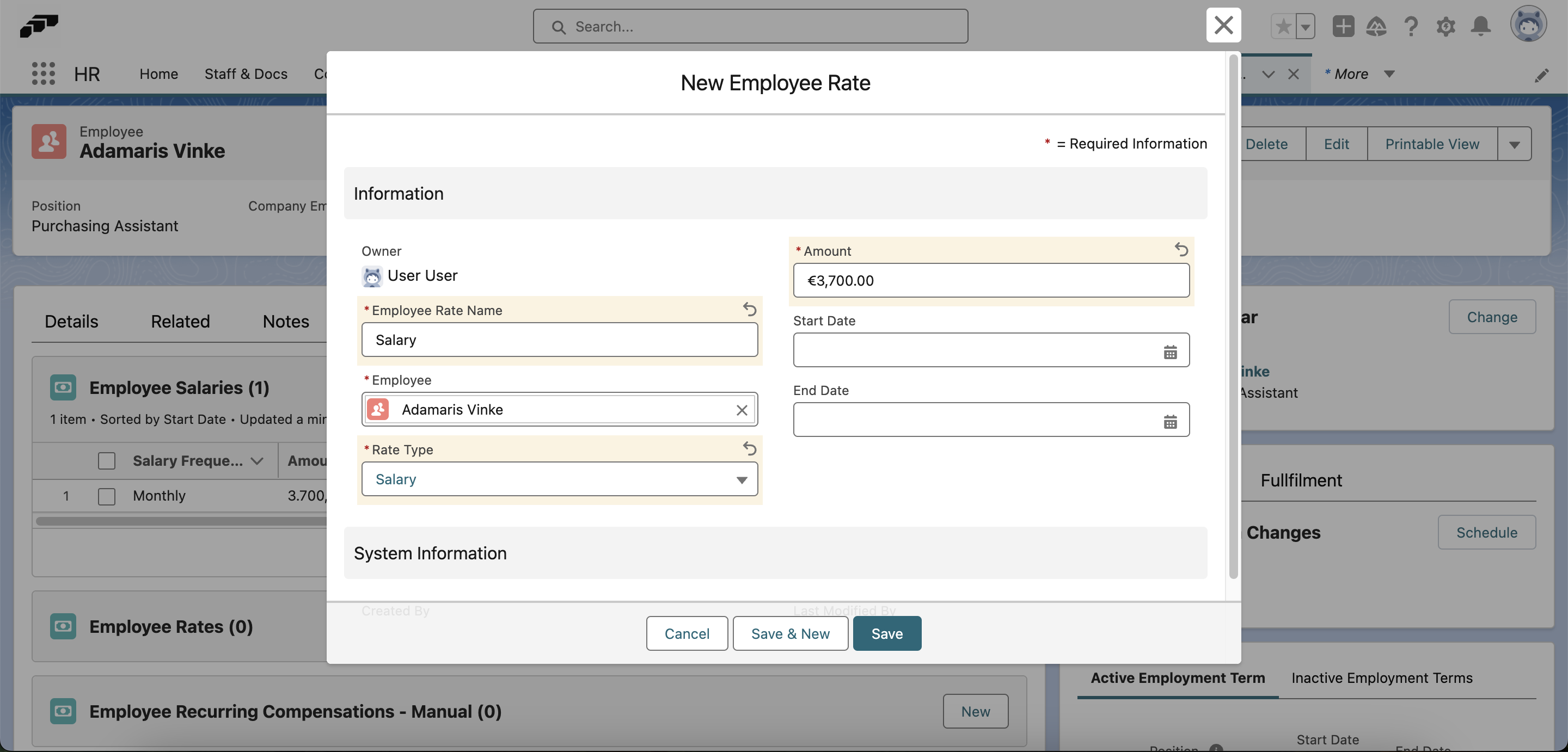 Create a new employee rate