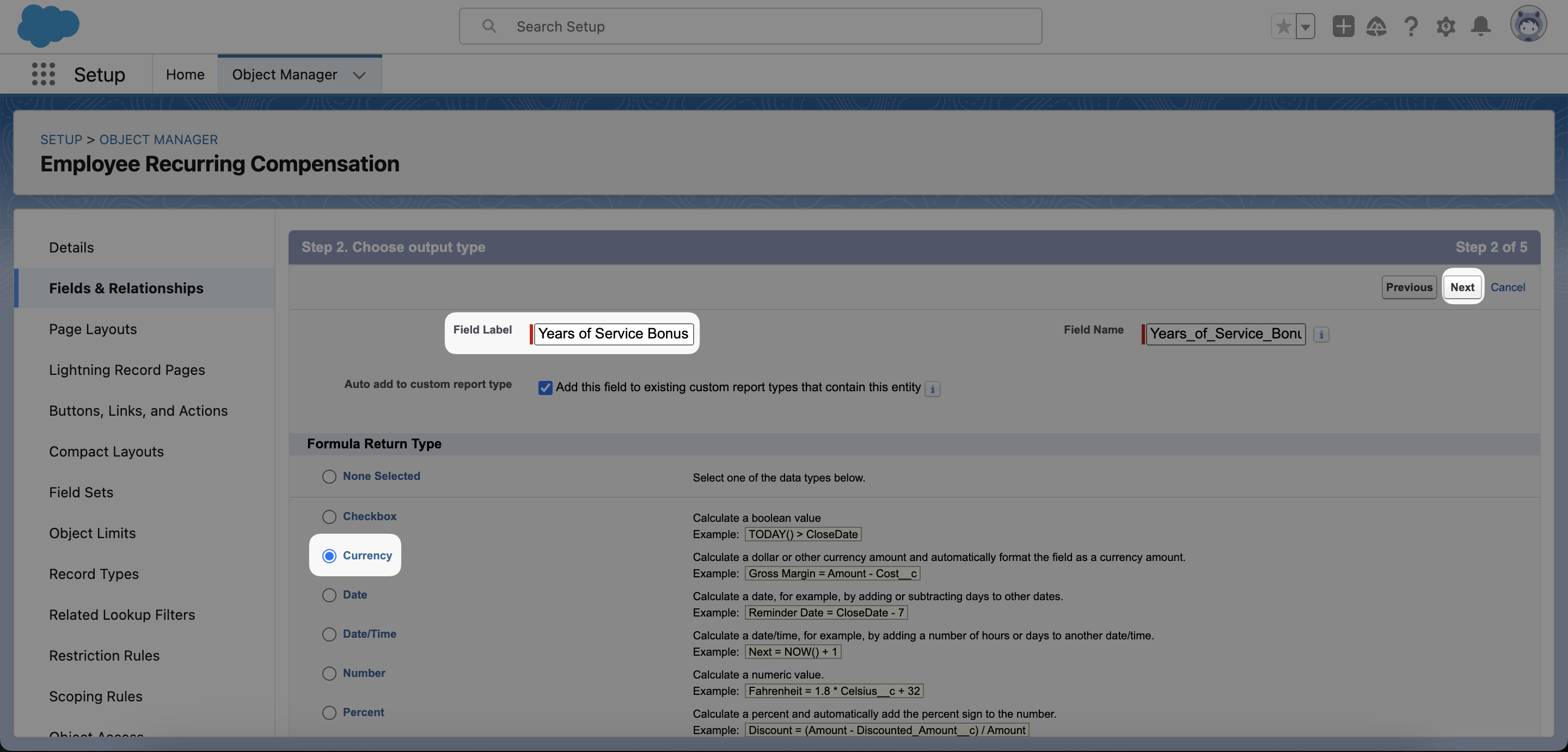 Set the Formula Return Type to Currency.