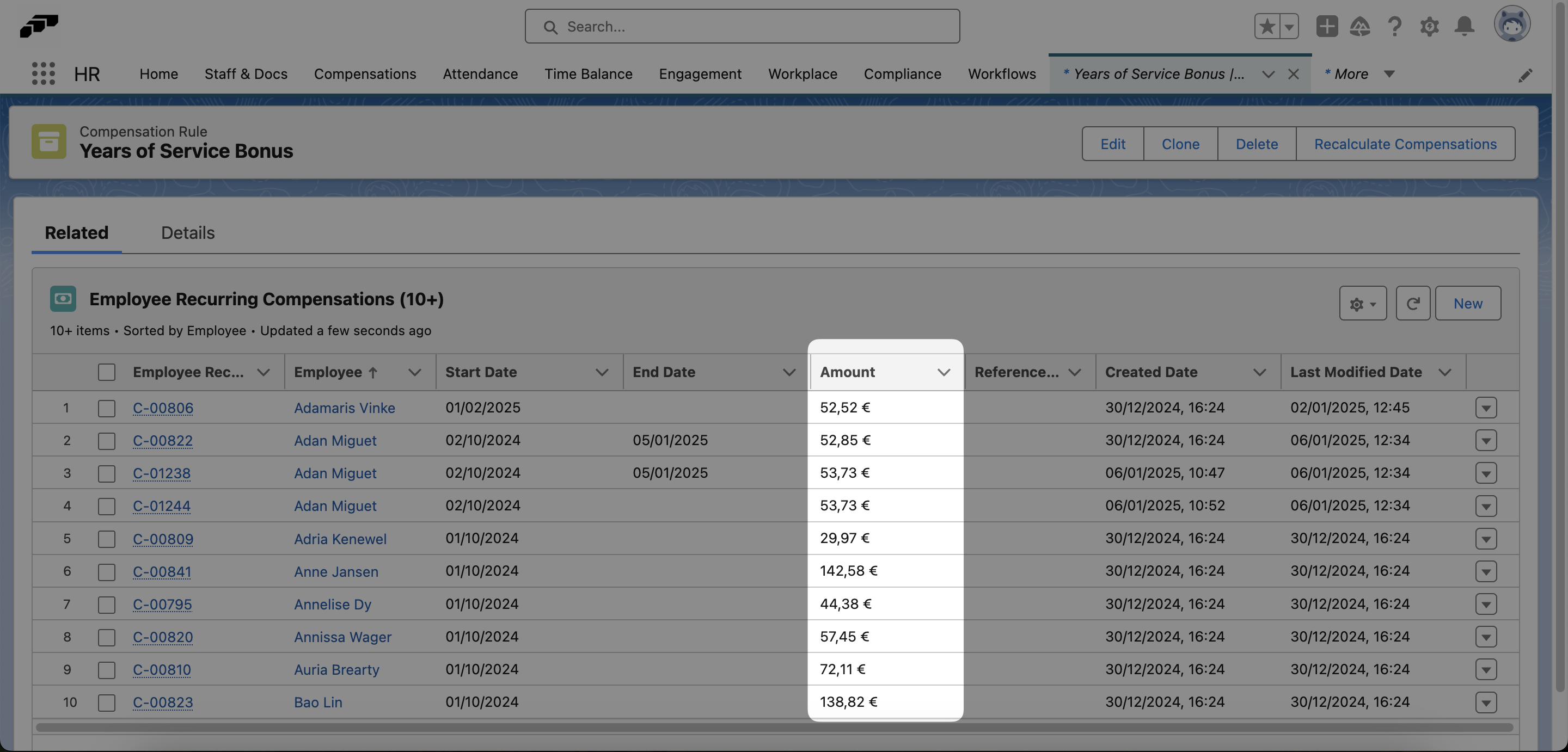 Select the Related tab to view the newly calculated compensation amounts