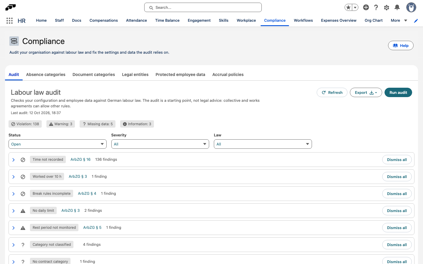 The Audit tab of the Compliance page with severity counts, filters, and findings grouped by rule