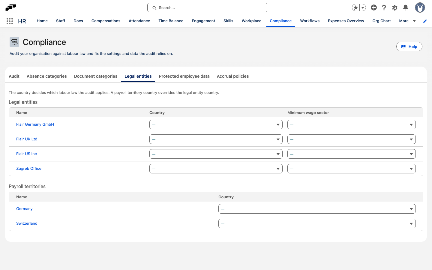 The Legal entities tab with a country and minimum wage sector for each legal entity and a country for each payroll territory