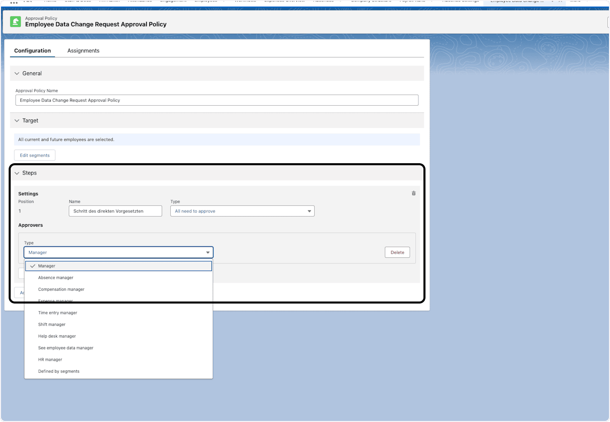 Approver type options for an approval step